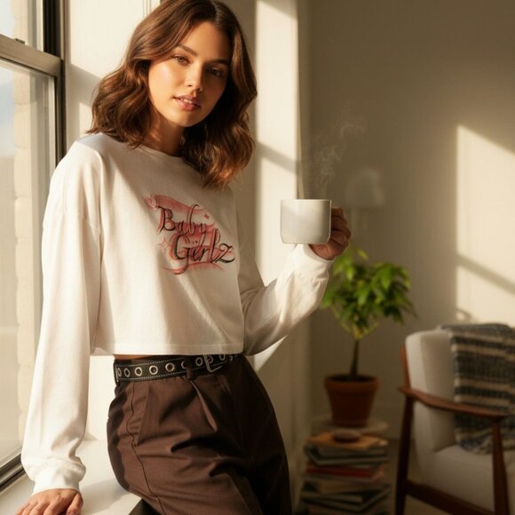 Baby Girl Z White Cropped Long Sleeve Tee Red Pink Graphic Logo Y2K Streetwear M - Picture 4 of 7